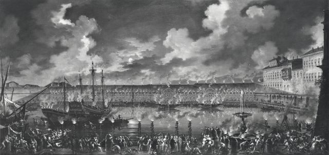 Arte Fotografica — Lacroix Charles François - sec. XVIII - Veduta di Civitavecchia con festa al porto — insieme